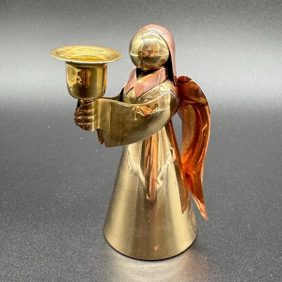 Vintage Brass and Copper Christmas Angel Candleholder Tapered candles - Picture 2 of 8